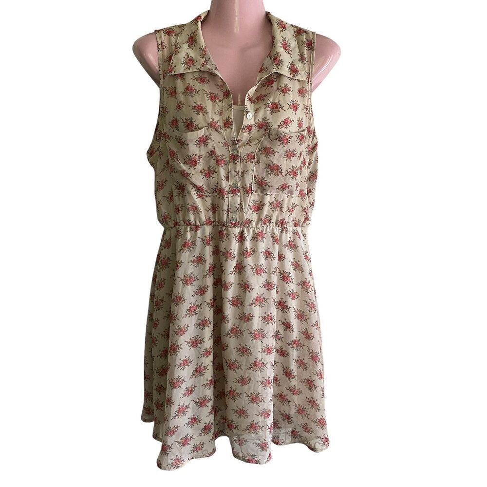 freebird Cream Floral Sleeveless Mini Dress with Pink Accents